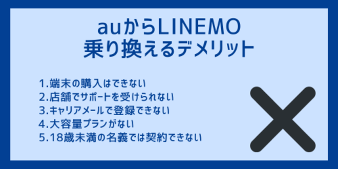 auからLINEMOに乗り換えるデメリット
1.端末の購入はできない
2.店舗でサポートを受けられない
3.キャリアメールで登録できない
4.大容量プランがない
5.18歳未満の名義では契約できない