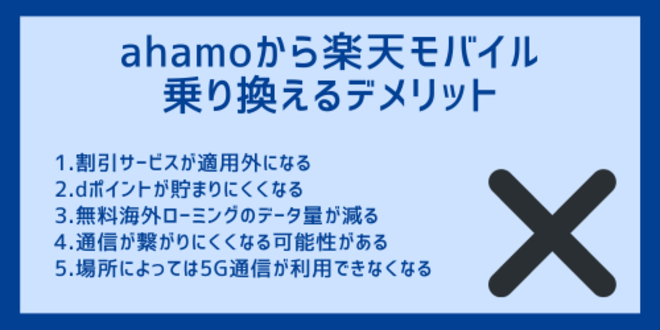 ahamoから楽天モバイルに乗り換えるデメリット
1.割引サービスが適用外になる
2.dポイントが貯まりにくくなる
3.無料海外ローミングのデータ量が減る
4.通信が繋がりにくくなる可能性がある
5.場所によっては5G通信が利用できなくなる