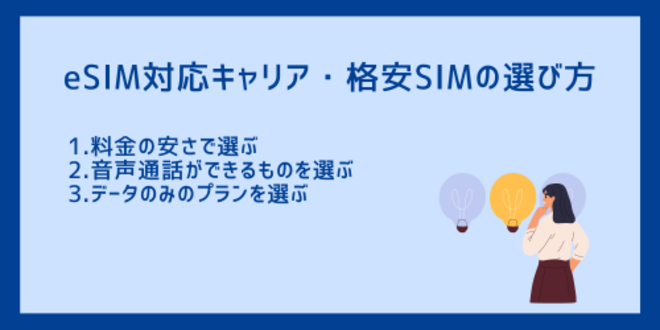 eSIM対応キャリア・格安SIMの選び方
1.料金の安さで選ぶ
2.音声通話ができるものを選ぶ
3.データのみのプランを選ぶ