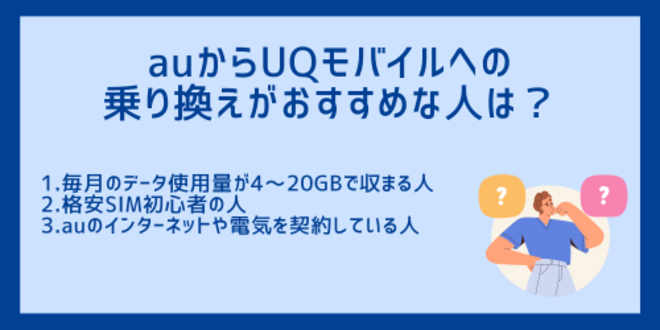 auからUQモバイルへの乗り換えがおすすめな人は？
1.毎月のデータ使用量が4～20GBで収まる人
2.格安SIM初心者の人
3.auのインターネットや電気を契約している人