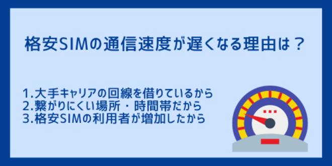 格安SIMの通信速度が遅くなる理由は？
1.大手キャリアの回線を借りているから
2.繋がりにくい場所・時間帯だから
3.格安SIMの利用者が増加したから