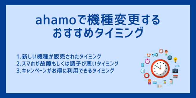 ahamoで機種変更するおすすめタイミング
1.新しい機種が販売されたタイミング
2.スマホが故障もしくは調子が悪いタイミング
3.キャンペーンがお得に利用できるタイミング