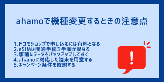 ahamoで機種変更するときの注意点
1.ドコモショップで申し込むには有料となる
2.eSIMは開通手続き手順が異なる
3.事前にデータをバックアップしておく
4.ahamoに対応した端末を用意する
5.キャンペーン条件を確認する