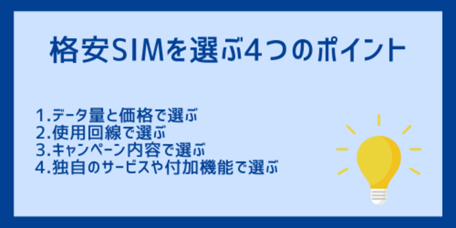 格安SIMを選ぶ4つのポイント
1.データ量と価格で選ぶ
2.使用回線で選ぶ
3.キャンペーン内容で選ぶ
4.独自のサービスや付加機能で選ぶ