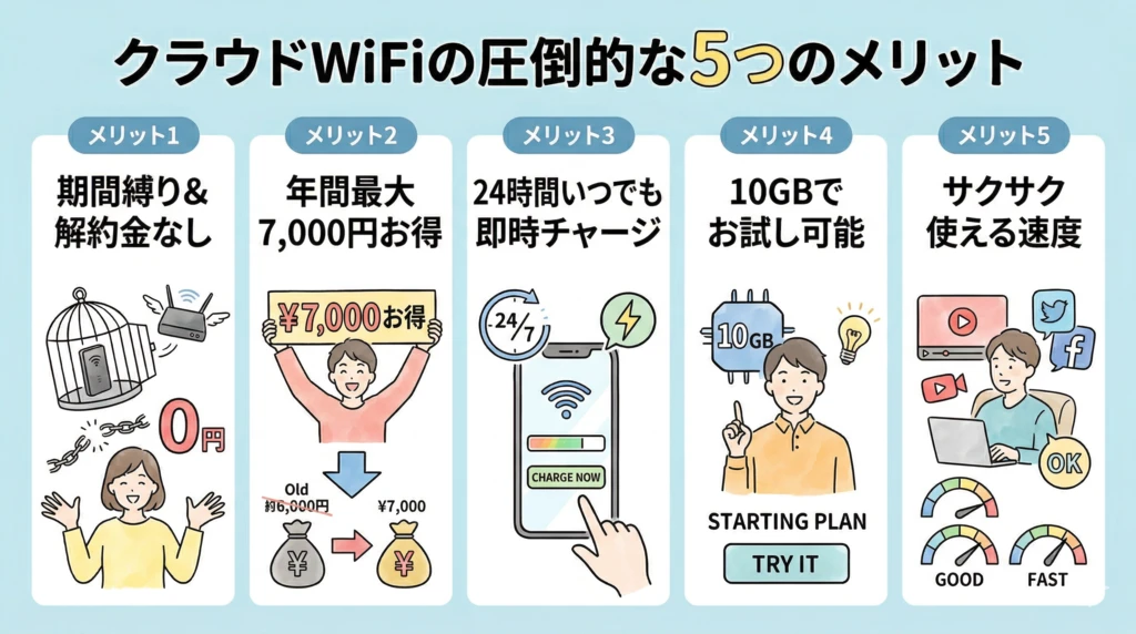 【2026年最新】縛りなし・解約金ゼロで月額1,738円〜!クラウドWiFiが選ばれる理由と他社比較 2 なぜ選ばれる?クラウドWiFiの圧倒的な5つのメリット