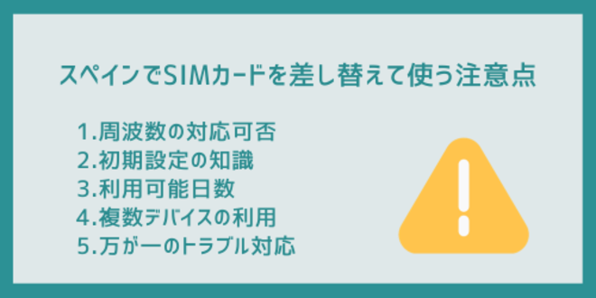 スペインでSIMカードを差し替えて使う注意点
1.周波数の対応可否
2.初期設定の知識
3.利用可能日数
4.複数デバイスの利用
5.万が一のトラブル対応