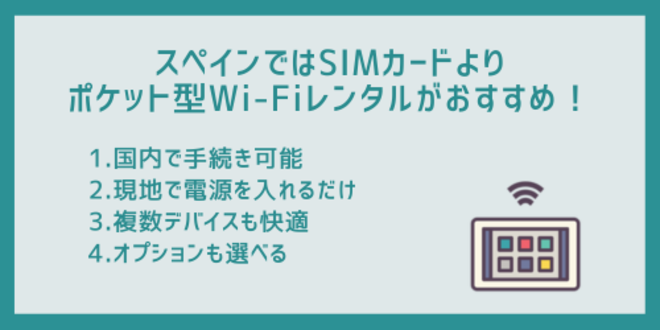 スペインではSIMカードよりポケット型Wi-Fiレンタルがおすすめ！
1.国内で手続き可能
2.現地で電源を入れるだけ
3.複数デバイスも快適
4.オプションも選べる