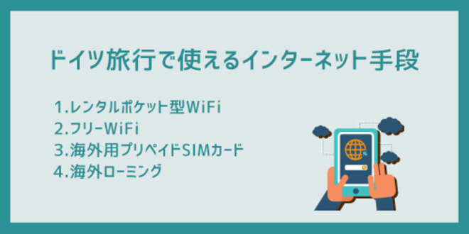ドイツ旅行で使えるインターネット手段
1.レンタルポケット型WiFi
2.フリーWiFi
3.海外用プリペイドSIMカード
4.海外ローミング
