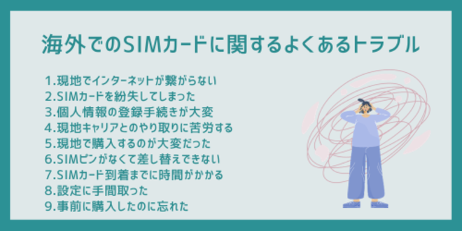 海外でのSIMカードに関するよくあるトラブル
1.現地でインターネットが繋がらない
2.SIMカードを紛失してしまった
3.個人情報の登録手続きが大変
4.現地キャリアとのやり取りに苦労する
5.現地で購入するのが大変だった
6.SIMピンがなくて差し替えができない
7.SIMカード到着までに時間がかかる
8.設定に手間取った
9.事前に購入したのに忘れた