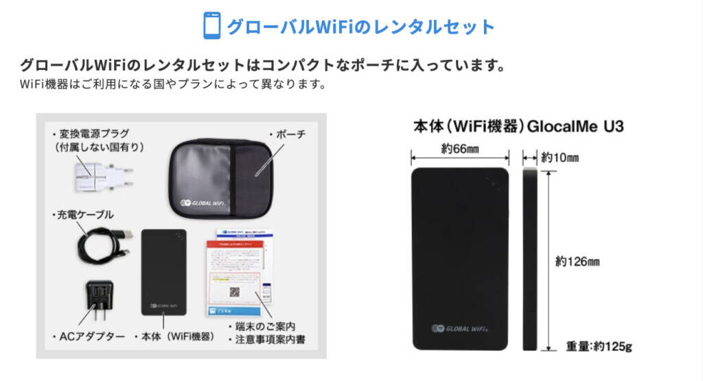 楽天トラベルグローバルWiFiのレンタルセット一式の中身