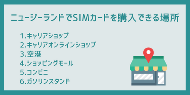 ニュージーランドでSIMカードを購入できる場所
1.キャリアショップ
2.キャリアオンラインショップ
3.空港
4.ショッピングモール
5.コンビニ
6.ガソリンスタンド