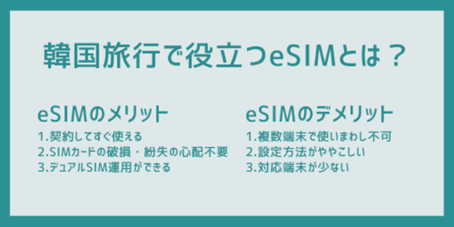 韓国旅行で役立つeSIMとは？
eSIMのメリット
1.契約してすぐ使える
2.SIMカードの破損・紛失の心配不要
3.デュアルSIM運用ができる
eSIMのデメリット
1.複数端末で使いまわし不可
2.設定方法がややこしい
3.対応端末が少ない