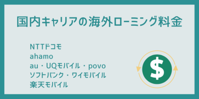 国内キャリアの海外ローミング料金
NTTドコモ
ahamo
au・UQモバイル・povo
ソフトバンク・ワイモバイル
楽天モバイル