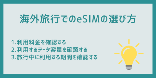 海外旅行でのeSIMの選び方
1.利用料金を確認する
2.利用するデータ容量を確認する
3.旅行中に利用する期間を確認する