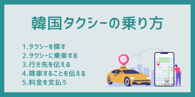 韓国タクシーの乗り方
1.タクシーを探す
2.タクシーに乗車する
3.行き先を伝える
4.降車することを伝える
5.料金を支払う