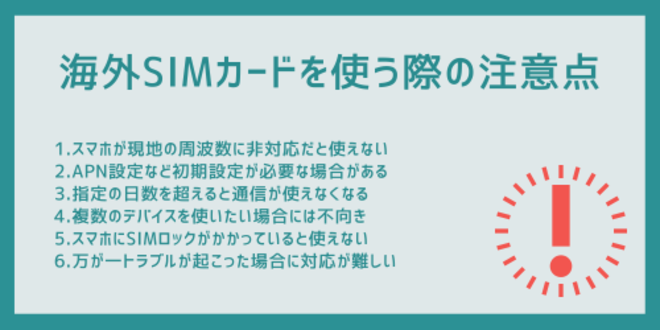 海外SIMカードを使う際の注意点
1.スマホが現地の周波数に非対応だと使えない
2.APN設定など初期設定が必要な場合がある
3.指定の日数を超えると通信が使えなくなる
4.複数のデバイスを使いたい場合には不向き
5.スマホにSIMロックがかかっていると使えない
6.万が一トラブルが起こった場合に対応が難しい