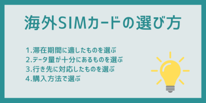 海外SIMカードの選び方
1.滞在期間に適したものを選ぶ
2.データ量が十分にあるものを選ぶ
3.行き先に対応したものを選ぶ
4.購入方法で選ぶ