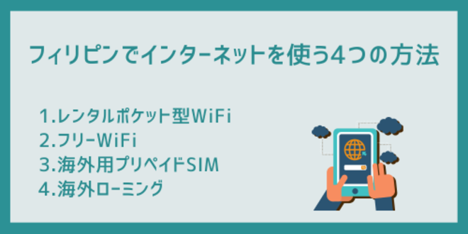 フィリピンでインターネットを使う4つの方法
1.レンタルポケット型WiFi
2.フリーWiFi
3.海外用プリペイドSIM
4.海外ローミング