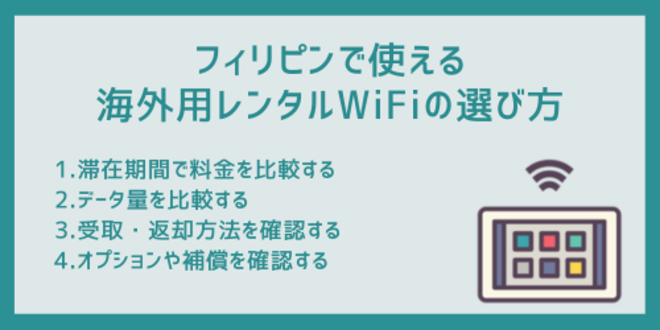 フィリピンで使える海外用レンタルWiFiの選び方
1.滞在期間で料金を比較する
2.データ量を比較する
3.受取・返却方法を確認する
4.オプションや補償を確認する