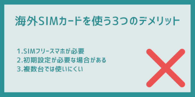 海外SIMカードを使う3つのデメリット
1.SIMフリースマホが必要
2.初期設定が必要な場合がある
3.複数台では使いにくい