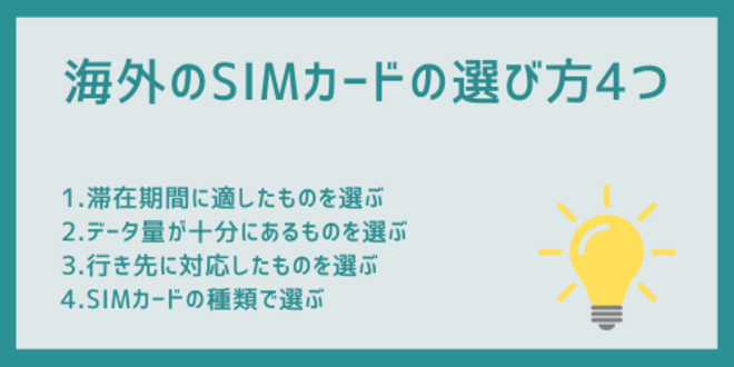 海外のSIMカードの選び方4つ
1.滞在期間に適したものを選ぶ
2.データ量が十分にあるものを選ぶ
3.行き先に対応したものを選ぶ
4.SIMカードの種類で選ぶ