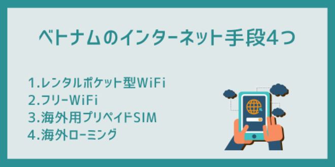 ベトナムのインターネット手段4つ
1.レンタルポケット型WiFi
2.フリーWiFi
3.海外用プリペイドSIM
4.海外ローミング